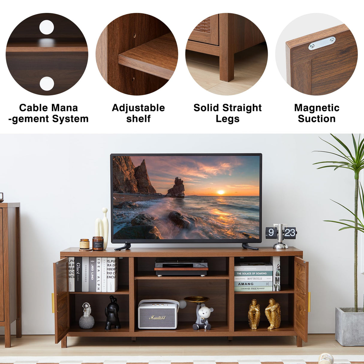 affeivul Mid Century Modern TV Stand with Storage Cabinet, 65 inch Low TV Console Table, Rattan TV Stand with Doors, Rustic Walnut TV Entertainment Stand with Shelves for Bedroom/Living Room affeivul