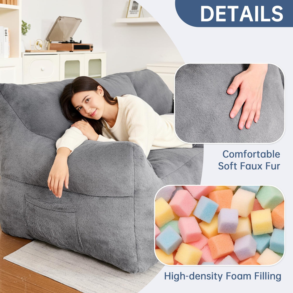 Cvortll Faux Fur Loveseat Couch, Oversized Lounge Sofa for Adults, Fluffy Lazy Sofa with Soft Stuffed Filling, Big Comfy Couch, Boneless Couches for Living Room, Bedroom, Dark Gray Cvortll