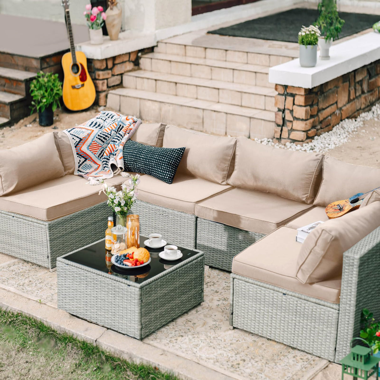 Skyfish 7 Pieces Patio Furniture Set - Outdoor Sectional Wicker Rattan Furniture with Cushion and Glass Table Patio Conversation Sets for Porch Poolside Backyard Outdoor Sofa Set Modular Sofa Skyfish