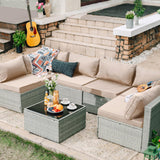 Skyfish 7 Pieces Patio Furniture Set - Outdoor Sectional Wicker Rattan Furniture with Cushion and Glass Table Patio Conversation Sets for Porch Poolside Backyard Outdoor Sofa Set Modular Sofa Skyfish