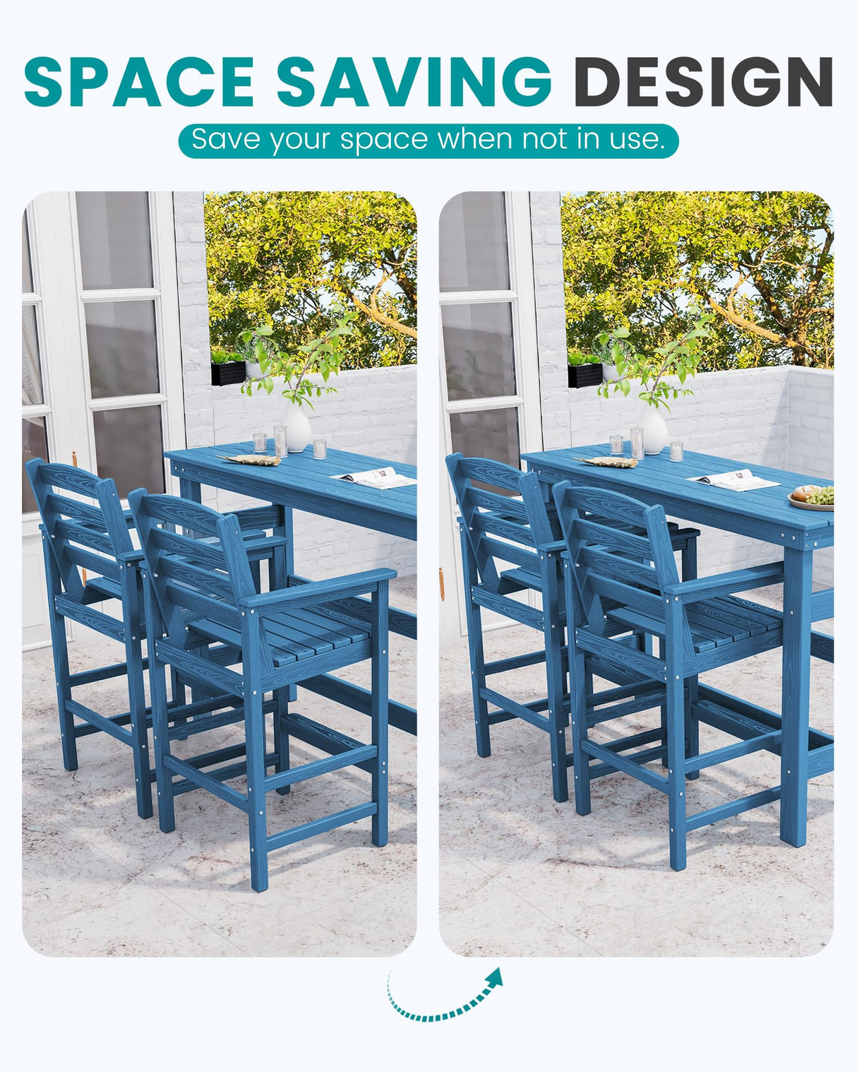 SERWALL Outdoor Bar Table and Chairs Set, Adirondack Bar Chairs Set of 2 and Bar Height Table, All Weather HDPE Outdoor Patio Bar Set, Outdoor Furniture for Outside, Poolside, Backyard, Garden, Blue SERWALL