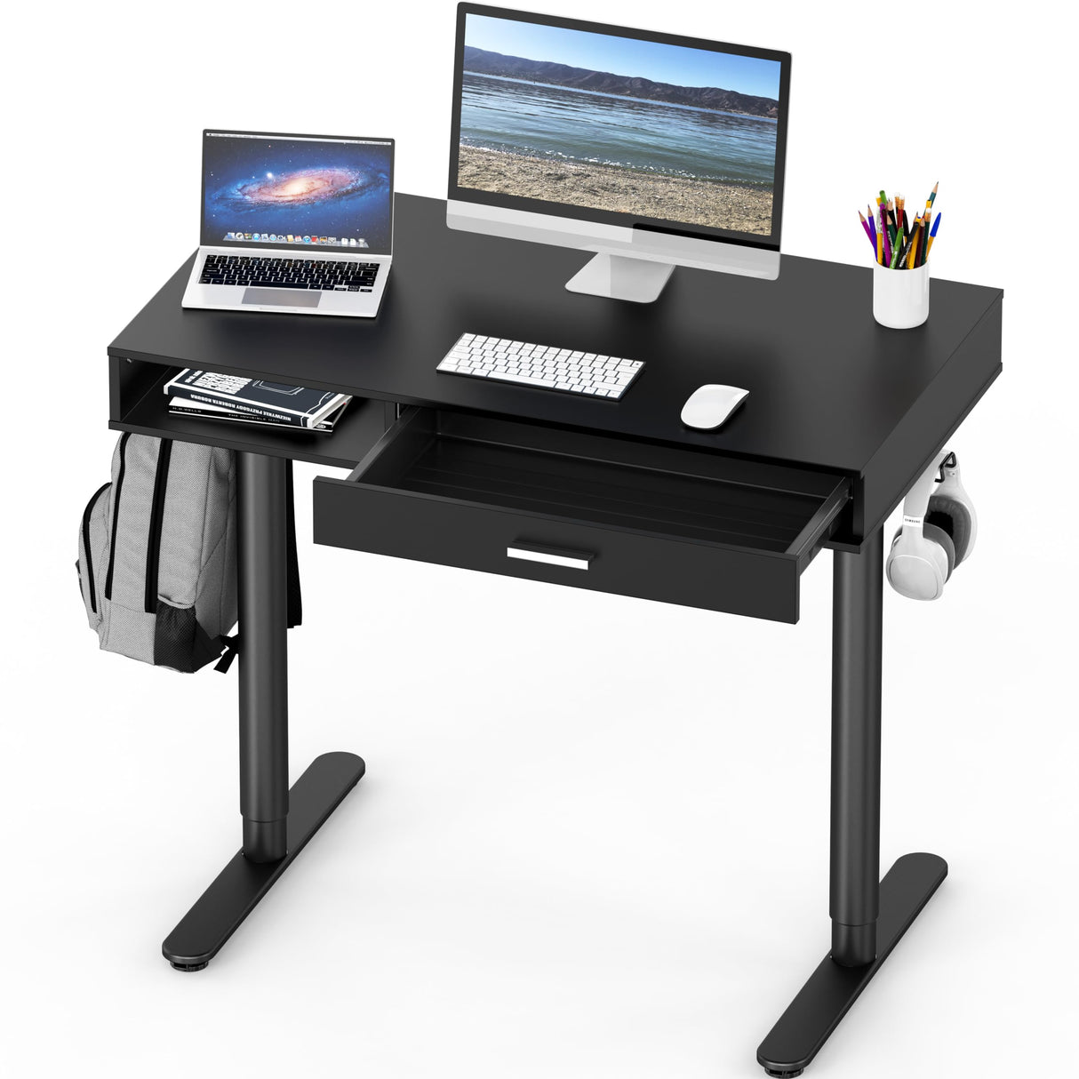 SHW Claire 40-Inch Height Adjustable Electric Standing Desk with Drawer, Black SHW
