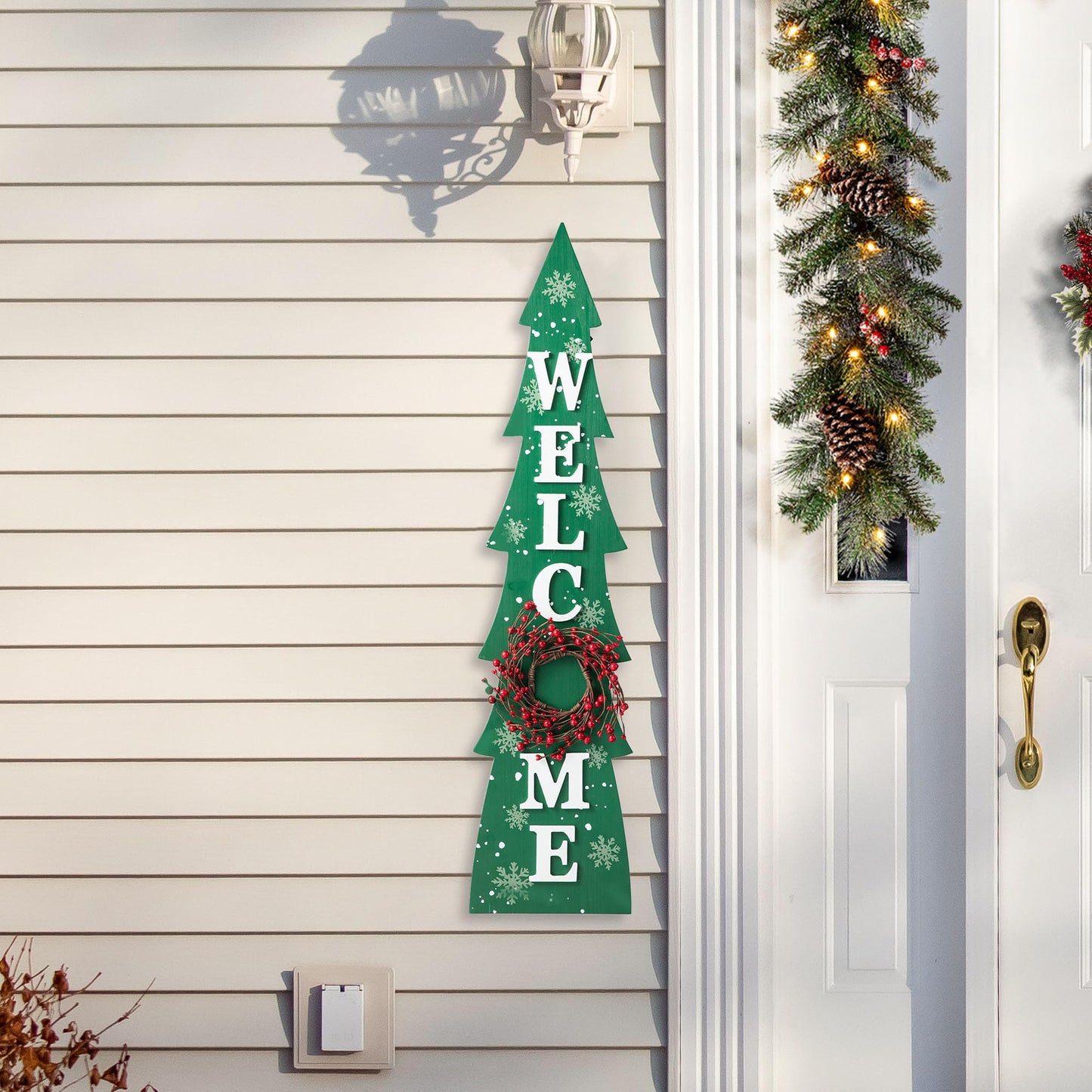 Glitzhome 42" H Wooden Welcome Christmas Tree Porch Sign with Berries Wreath Vertical Porch Sign in Xmas Tree Shape Farmhouse Hanging Sign Decorations for Front Door Wall Display