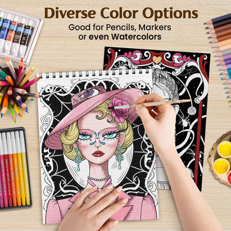 Adult Coloring Book for Women Spiral Bound - 30 Fashion Vibes, Gothic Fantasy Horror Creepy Giant Adult Designs, Thick Paper for Markers - Relaxation Gift for Woman Mindful Palette