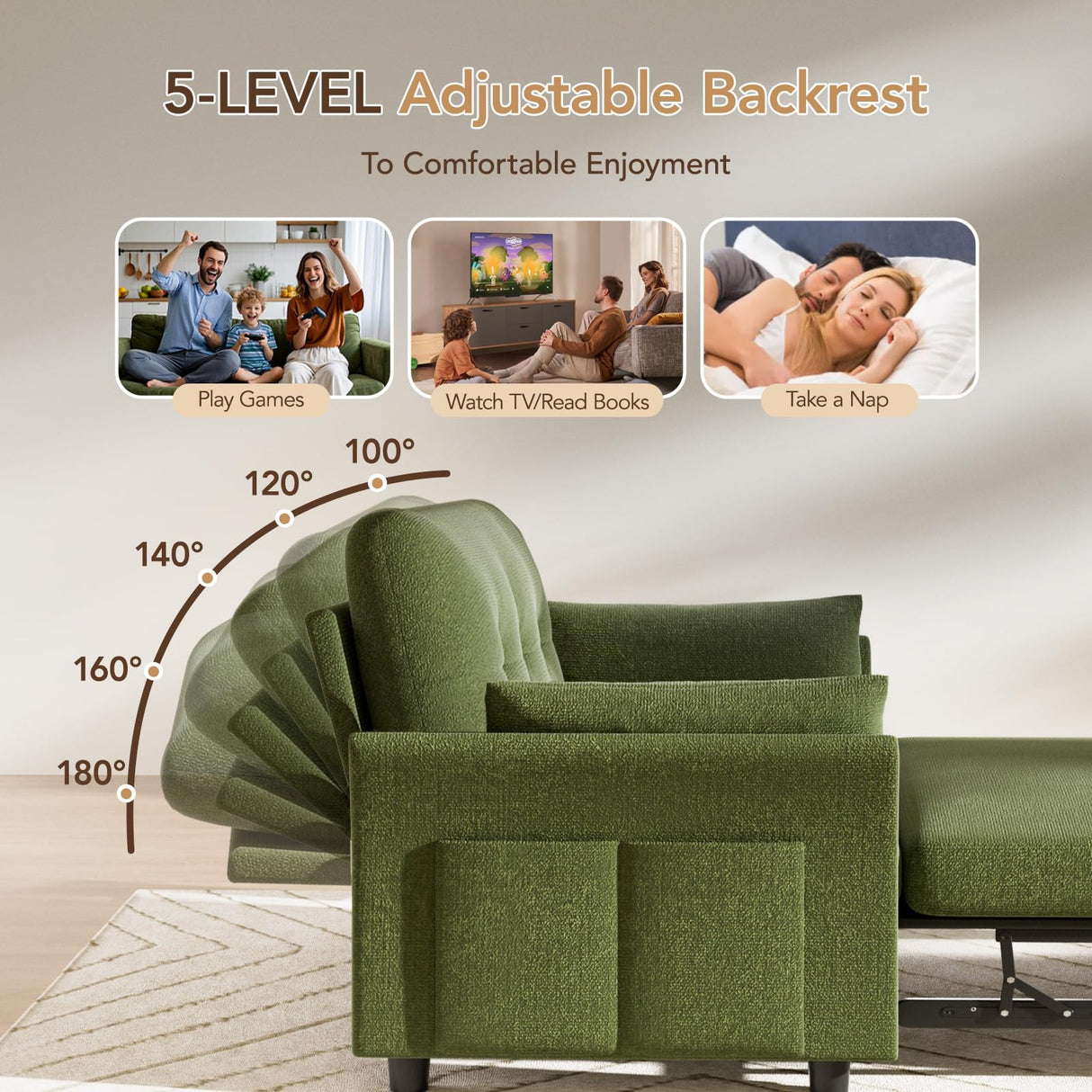 Vipbear 3 in 1 Sleeper Sofa Bed, Pull Out Couch with Reclining Backrest, Convertible Loveseat with Side Pocket, Tool-Free Assembly, Modern Chenille Loveseat for Living Room, Apartment, Green Vipbear