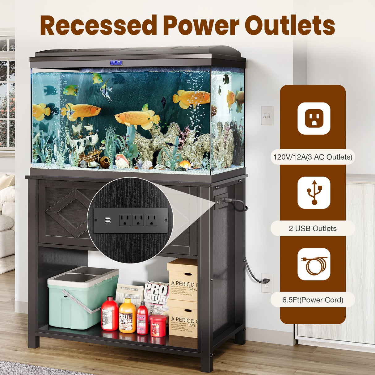 GRUSIGN 40-50 Gallon Fish Tank Stand with Power Outlets, Double Fish Tank Stand Table with Cabinet, 660LBS Capacity Heavy Duty Metal Aquarium Stand GRUSIGN