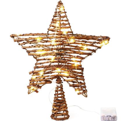 Christmas Rattan Star Treetop,14 Inch Rattan Natural Burlap Star Tree Topper with 20 Warm Lights Rustic Boho Treetop Decoration Xmas Star Treetop for Christmas Tree Ornament Holiday Party Indoor Home