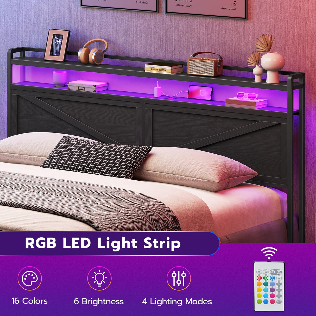 HOOBRO King Size Headboard, Headboard with Charging Station and LED Light Strip, 2-Tier Storage Headboard with Outlets and USB Ports, Industrial Style, Height Adjustable, for King Size Beds, Black HOOBRO