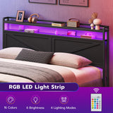 HOOBRO King Size Headboard, Headboard with Charging Station and LED Light Strip, 2-Tier Storage Headboard with Outlets and USB Ports, Industrial Style, Height Adjustable, for King Size Beds, Black HOOBRO