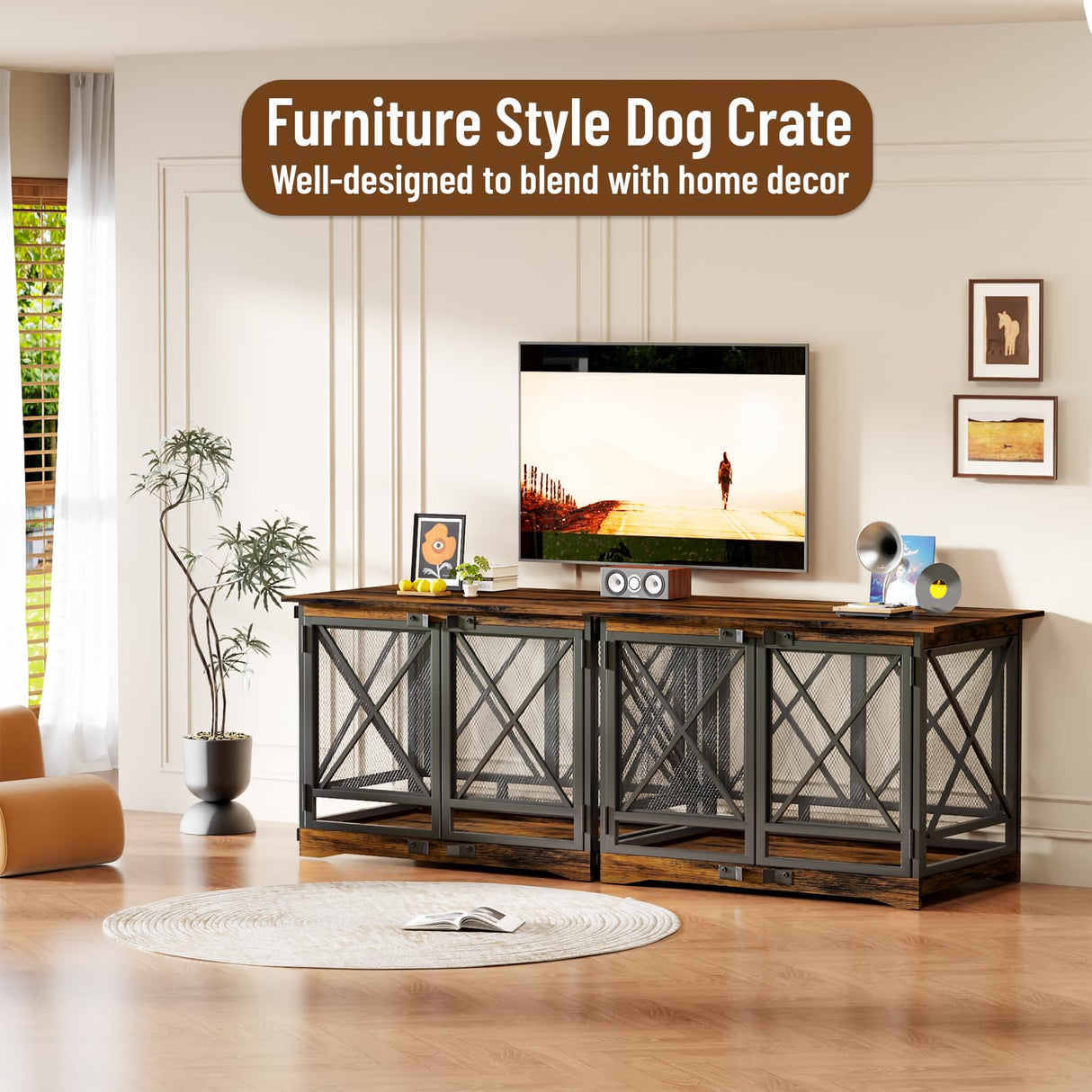COZPAW Large Dog Crate Furniture - 48 inch Heavy Duty Dog Kennel Indoor for XLarge Breed with Double Doors, Wooden Dog Cage XL Modern Decorative End Table Pet House (Brown) COZPAW