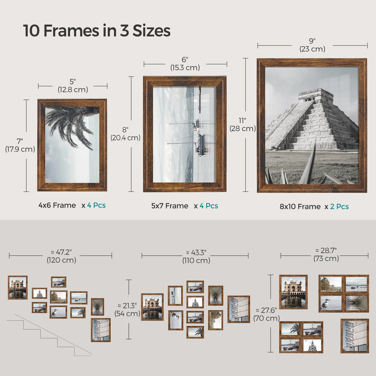 SONGMICS Picture Frames with 16 Mats, Set of 10 Collage Photo Frames, Two 8x10, Four 5x7, Four 4x6 Frames, Hanging or Table Display, Glass, 12 Non-Trace Nails, Rustic Brown SONGMICS