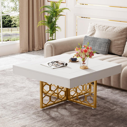 Tribesigns White and Gold Coffee Table White Square Coffee Table with Gold Base Modern Square Coffee Table for Living Room Wood White Tea Table - WoodArtSupply