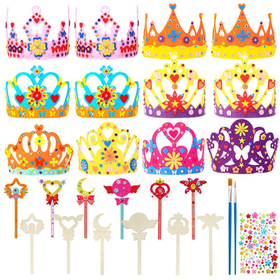 RGISHOP 24 Pack Princess Fairy Wands and Crowns Kit Unfinished Wooden Princess Wands Felt Crown Tiara Headbands Make Your Own Magical Wand Crafts for Kids Classroom Activities