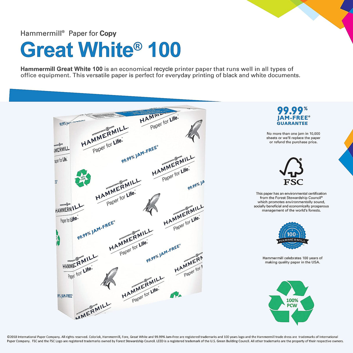 Hammermill Printer Paper, Great White 100% Recycled Paper, 8.5 x 11 - 1 Ream (500 Sheets) - 92 Bright, Made in the USA, 086790R Hammermill