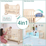 Mini Baby Crib 4 in 1 Convertible with Memory Foam Mattress(38"by 24") Included,cunas para Bebes 2024 Natural Wood Portable Crib with Foldable Storage Baby Playpen, Bassinet Bedside Sleeper,Baby Beds Styhigh