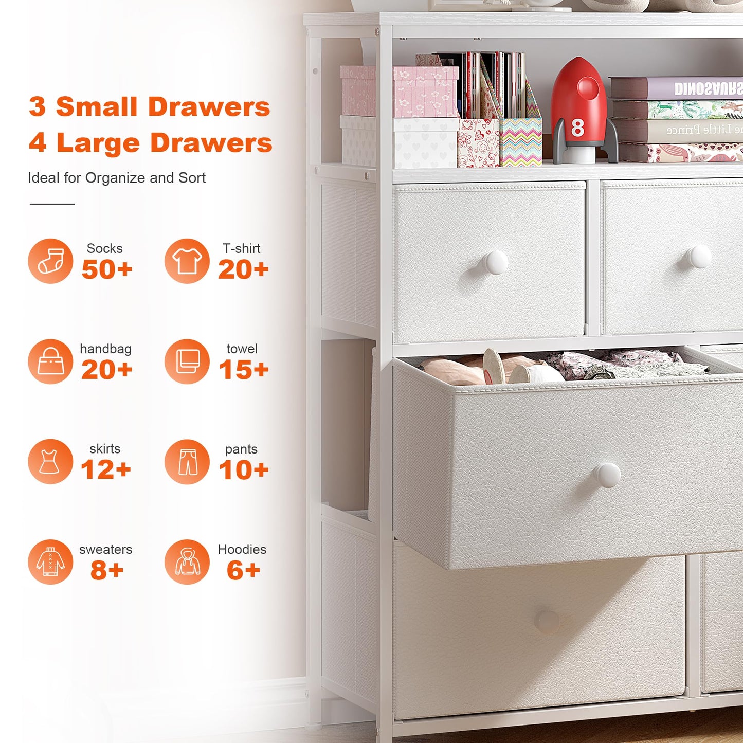 EnHomee White Dresser for Girls Bedroom with 7 Drawers and 2 Shelves, Girls Dresser with Wooden Top and Metal Frame, Cute Dressers & Chest of Drawers for Bedroom, Closets,Nursery,White