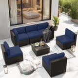 SUNCROWN 7-Piece Outdoor Patio Furniture Sofa Set All-Weather Wicker Sectional Conversation Set with Modern Glass Coffee Table and Cushions-Dark Blue SUNCROWN