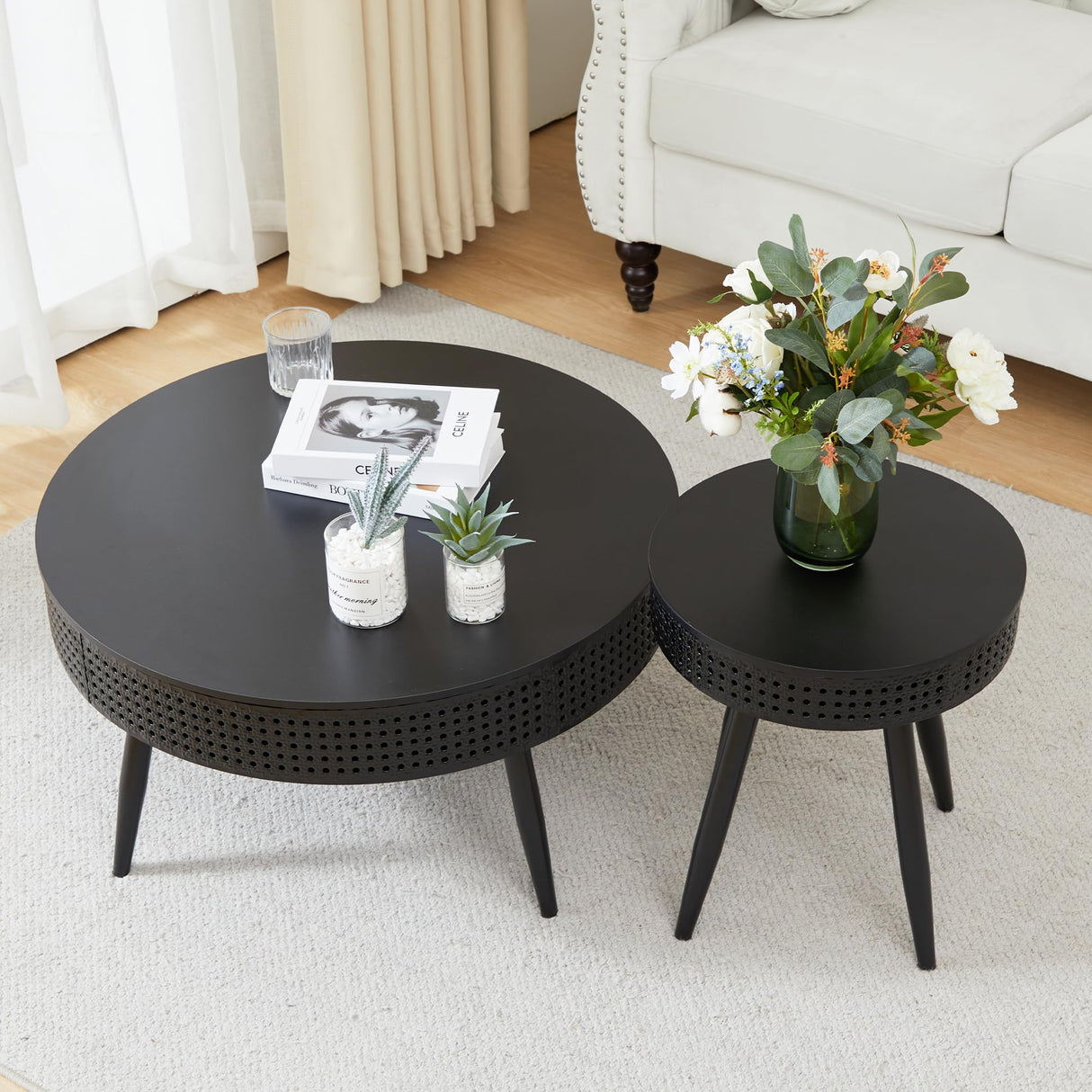 Modern Farmhouse Round End Table Set of 2,Iron Rattan Coffee Table with Hidden Storage Basket,29.1” Nesting Side Table for Living Room,Balcony,Patio,Swimming Pool (Black) FurSch