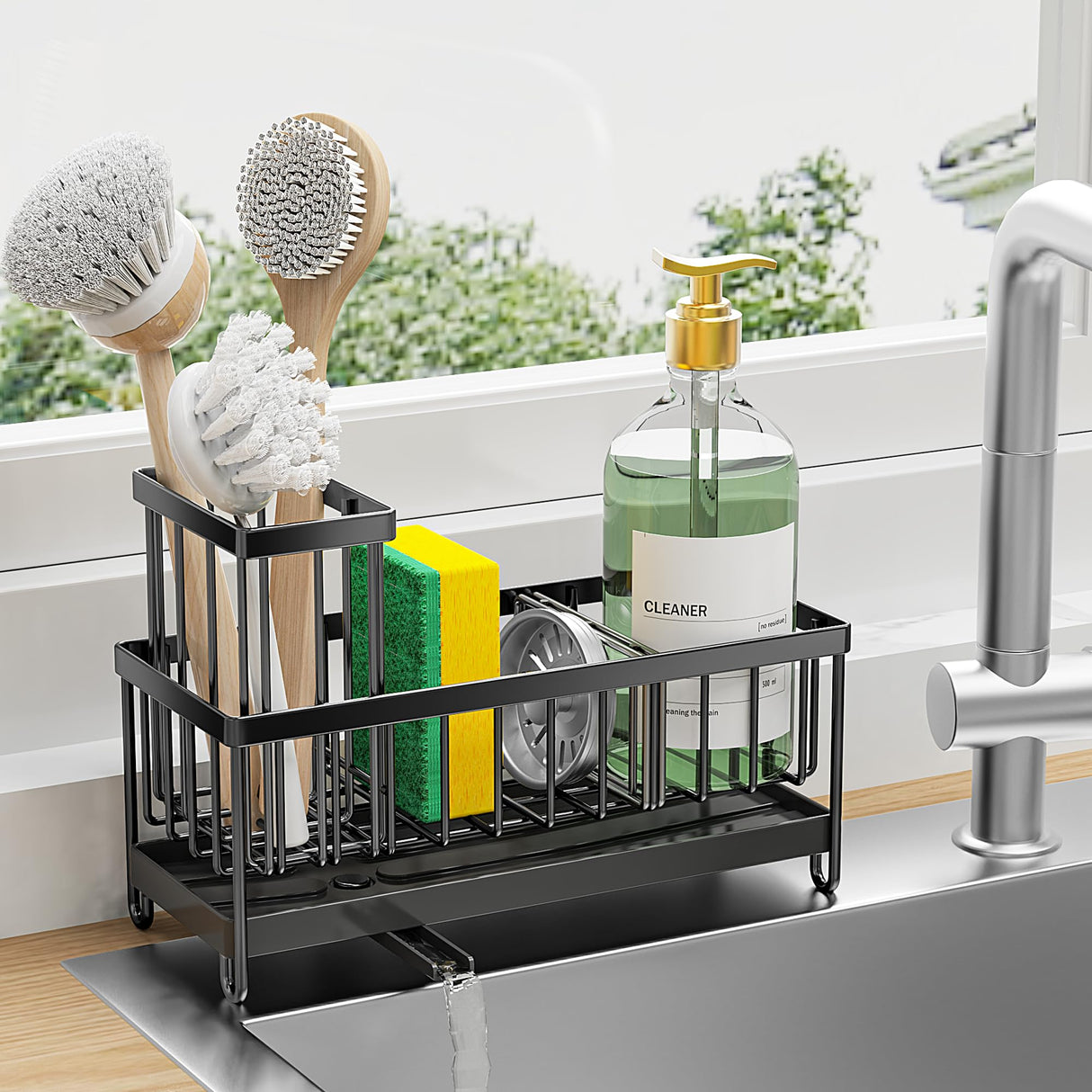 Cisily Sponge Holder for Kitchen Sink, Sink Caddy with High Brush Holder, Organzier Rustproof 304 Stainless Steel Dish Organizer Divider, Soap Dispenser Storage Cisily