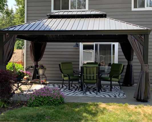 PURPLE LEAF 12' X 16' Permanent Hardtop Gazebo Aluminum Gazebo with Galvanized Steel Double Roof for Patio Lawn and Garden, Curtains and Netting Included, Grey - WoodArtSupply