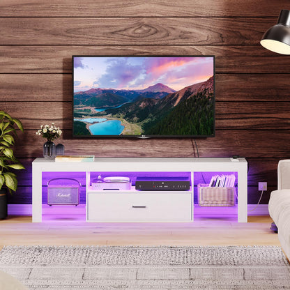 HOOBRO LED TV Stand with Power Outlets to 65 inch TV, Gaming Entertainment Center with Glass Shelves and Large Drawer, Modern Media TV Console Table for Living Room Bedroom, White WT14UDDS01