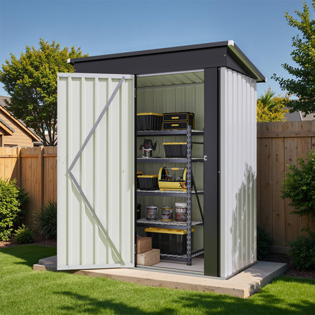 Flamaker Storage Shed Waterproof Metal Garden Shed with Lockable Door Utility Tool Shed Outdoor Storage for Backyard, Patio and Lawn (5 x 3 FT, White) Flamaker