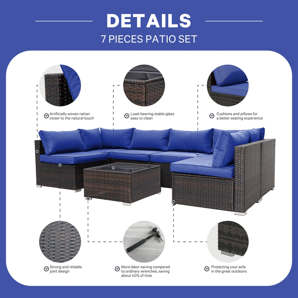 ELEGIBLISS 7 Pieces Patio Furniture Set - Outdoor Sectional Wicker Rattan Furniture with Cushion and Glass Table Patio Conversation Sets for Porch Poolside Backyard Outdoor Sofa Set Modular Sofa ELEGIBLISS