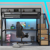 Queen Size Gaming Loft Bed with Stairs and Desk, Metal Loft Bed Frame with Bedside Shelf and Light, Heavy-Duty Adults Lofts Beds with Storage Wardrobe & Charging Station, Black Aurnienofus