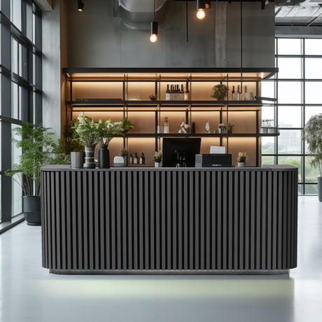 ONNAHOMEStlyle 70.87in Black Curved Reception Desk with Lock Counter, Mid Century Front Desk Reception Room Table with LED Lights, Retail Counter for Checkout, Lobby, Beauty Salon ONNAHOMEStlyle