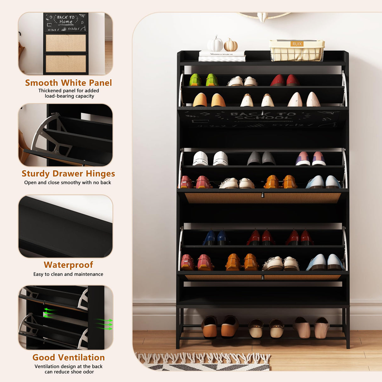 AVZEAR Shoes Cabinet, Narrow Shoes Storage Cabinet with 3 Flip Drawers, Free Standing Shoe Racks Organizer Farmhouse Tipping Bucket with Blackboard, Shoes Cabinet Storage Entryway Hallway, Black AVZEAR