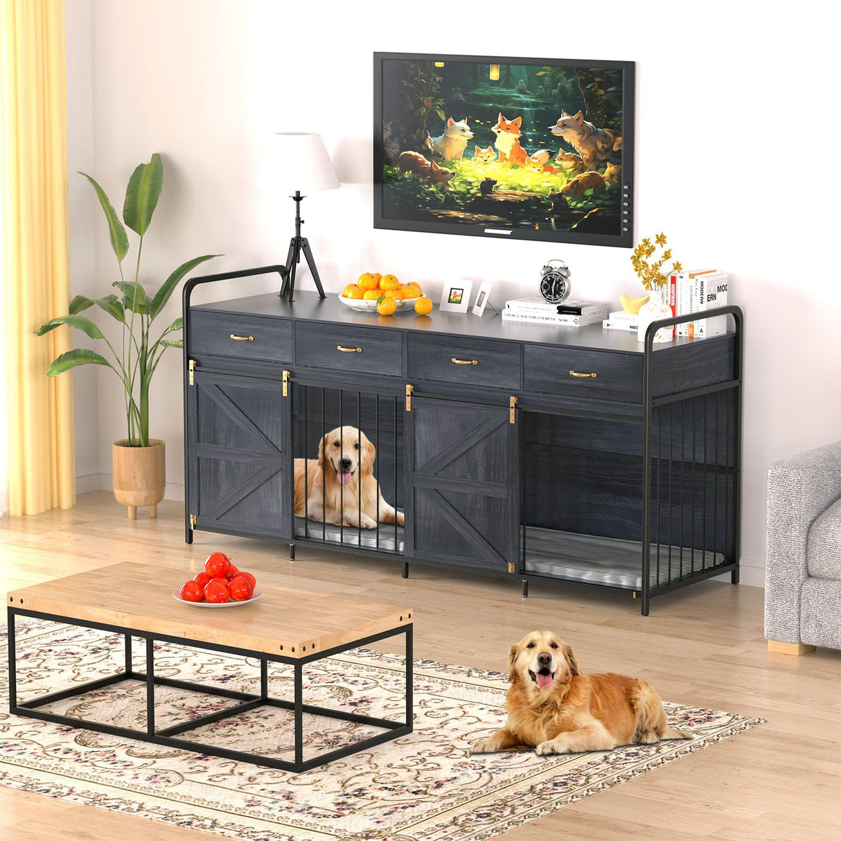78.7 Inch Large Dog Crate Furniture for 2 Dogs Extra Large Dog Kennel Heavy Duty Wood Dog Crate Double Dog Crates Furniture TV Stand (Black) QJZLXKYT