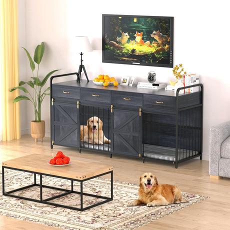 78.7 Inch Large Dog Crate Furniture for 2 Dogs Extra Large Dog Kennel Heavy Duty Wood Dog Crate Double Dog Crates Furniture TV Stand (Black) QJZLXKYT