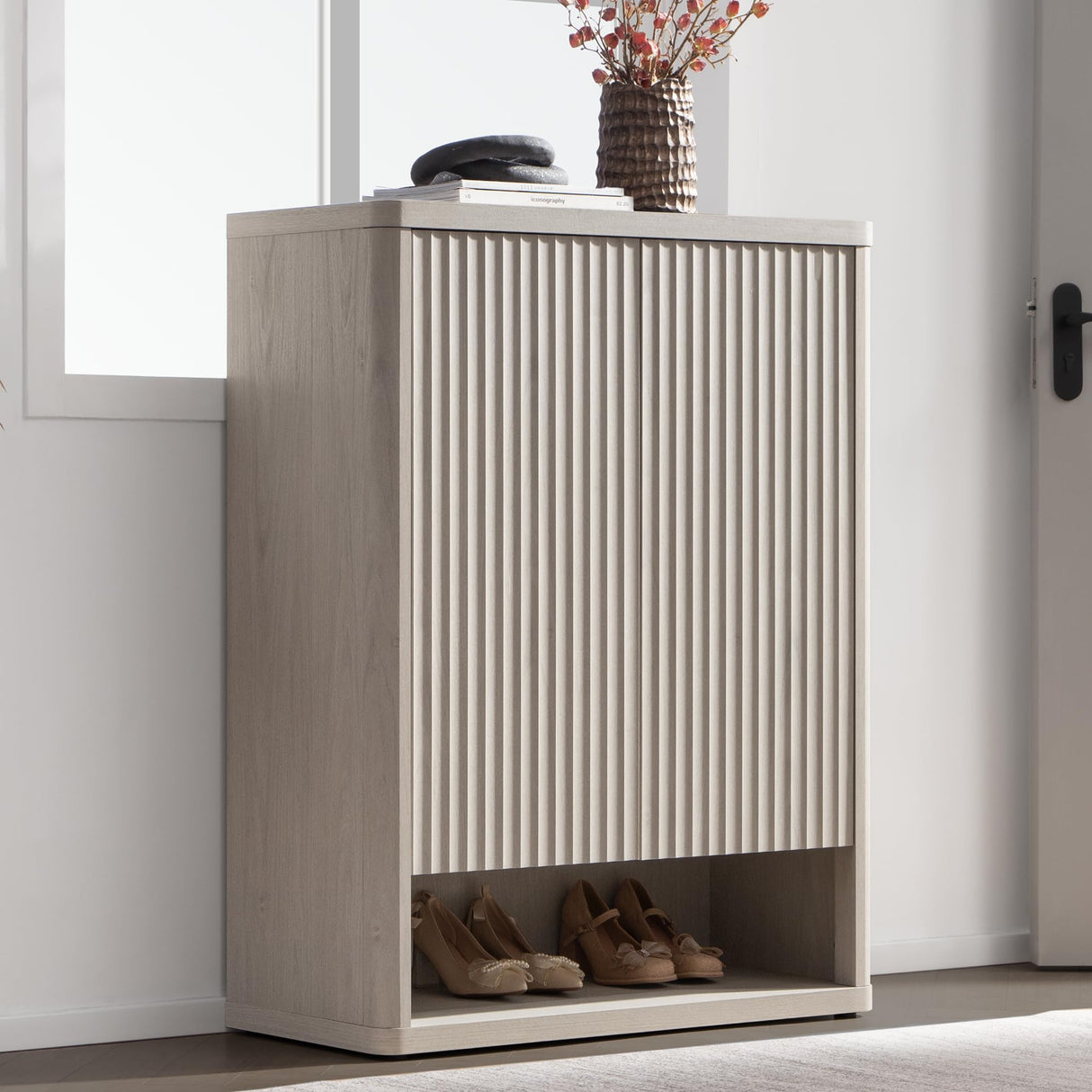 SICOTAS Shoe Cabinet 44" Tall Large Storage Organizer Modern Shoe Rack with Doors & 4 Shelves Mid Century Free Standing 6-Tier Cabinet for Entryway Hallway Living Room Closet SICOTAS