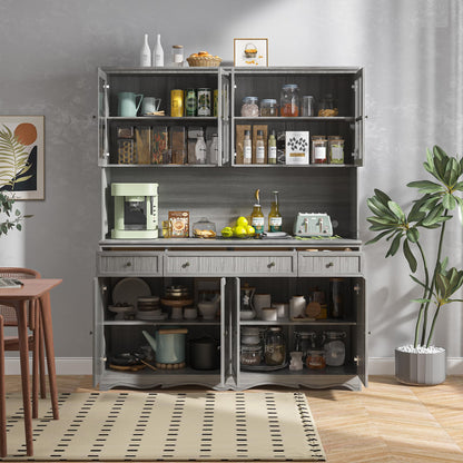 Homsee Large Kitchen Pantry Storage Cabinet with Glass Doors & Hutch, 75.9" Kitchen Buffet Cabinet Cupboard with Drawers and Multi-Tier Shelves for Dining Room, Living Room, Grey