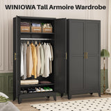 winiowa Metal Armoire Wardrobe Closet with 2 Doors, 71"' Wardrobe Cabinet with Adjustable Shelves and Hanging Rod, Clothing Storage Cabinet Closet for Bedroom-Black winiowa