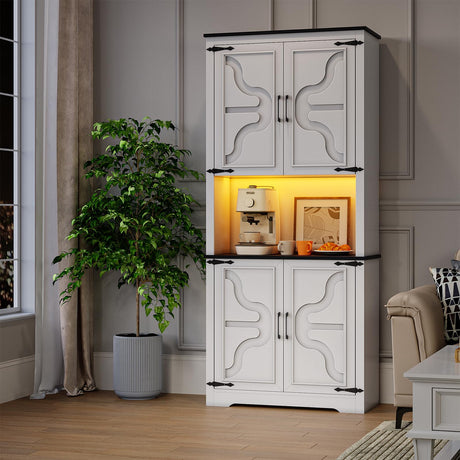 Maupvit 71" Tall Kitchen Storage Cabinet with LED & Charging Station,4 Doors & Adjustable Shelves with Open Counterpart, Free Standing Living Room, Pantry Cabinet, White Maupvit