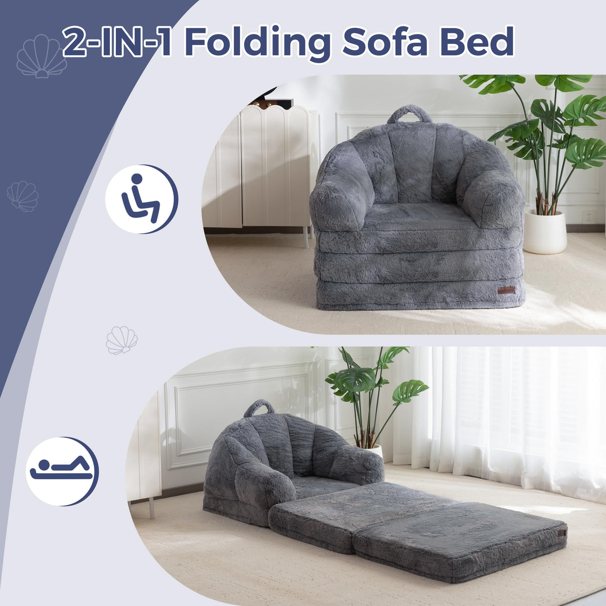 MAXYOYO Folding Sofa Bed, 2 in 1 Convertible Sofa to Lounger Comfy Single Bean Bag Chair for Adults, Floor Sleeper Couch with Handle, Faux Fur Couch Bed for Living Room Bedroom, Grey MAXYOYO