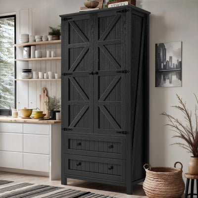DWVO Farmhouse Kitchen Pantry Cabinet, 64.5" Tall Storage Cabinet with 2 Drawers and Adjustable Shelves, Versatile Storage for Living Room, Dining Room or Hallway, Oak Black