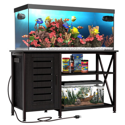 Herture 55-75 Gallon Fish Tank Stand, Aquarium Stand with Power Outlets and Cabinet for Fish Tank Accessories Storage, Heavy Duty Metal Frame, 52" L*19.68" W Tabletop, 1200LBS Capacity, Black - WoodArtSupply