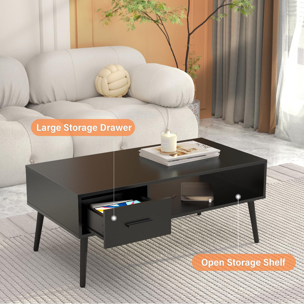 HAIOOU Coffee Table, Mid Century Modern Style Cocktail Table TV Stand with Drawer, Open Storage Shelf, Stable Floor-Anti-Scratching Pine Leg for Home, Office, Living Room - Black HAIOOU