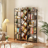 Cutogxon Triple 5 Tier Bookshelf, Large Bookcase Industrial Bookshelf with 19 Open Display Shelf, Wooden Wide Tall Tree Bookshelf for Living Room Home Office, Rustic Brown Cutogxon