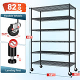 Romorgniz 82" H X45 W X18 D Storage Shelves with Wheels, 6 Tier Wire Shelving Adjustable Metal Shelving Pantry Shelves Capacity 1200LBS for Garage Shelving, Pantry, Kitchen, Closet, Commercial, Black Romorgniz