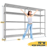 REIBII 70" W Wire Shelving Load 1500LBS, Metal Shelving 5-Tier Storage Shelves Metal Shelves for Storage Adjustable Shelving Rack for Pantry Kitchen Commercial School 70" W*15.8" D*72.4" H,Chrome REIBII