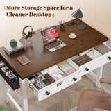 EnHomee Desk with Drawers & Power Outlets, Computer Desk for Home Office, Bedroom, Small Desk with a Side Pocket, 31.5" Writing Desk, Study Desk, Brown+White EnHomee