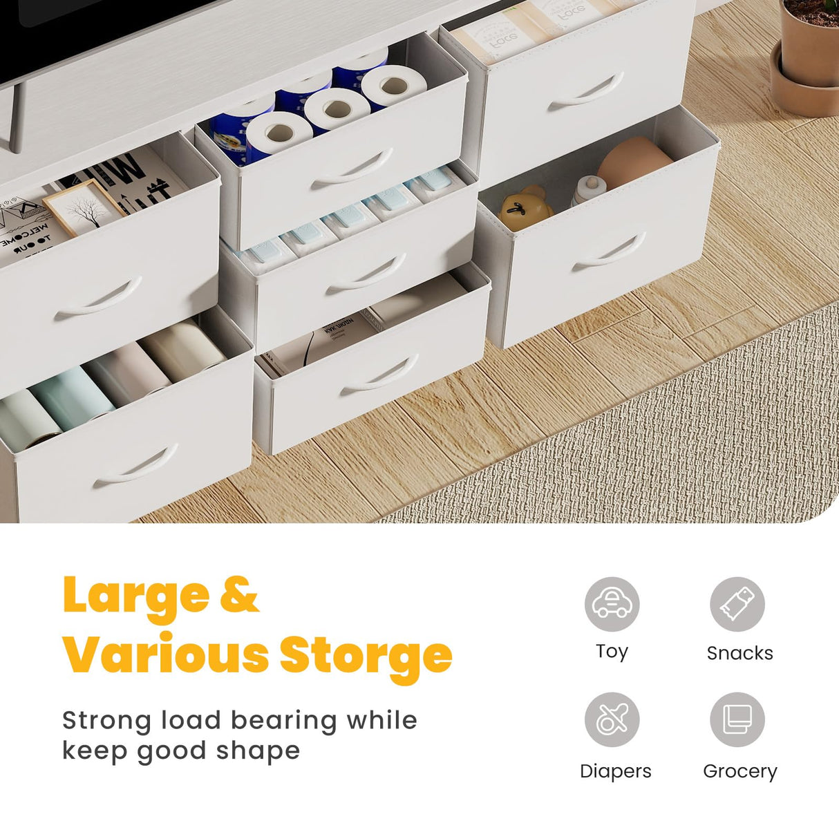 NEWBULIG Dresser for Bedroom with 7 Storage Drawers, Fabric Chest of Drawers with Metal Frame, Living Room Storage Organizers Units for Clothes, TV Stand and Hallway, White NEWBULIG