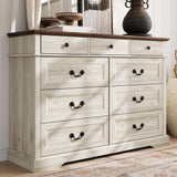 LINSY HOME Farmhouse 9 Drawers Dresser for Bedroom, Wood Bedroom Dresser Wide Chest of Drawers, French Country Storage Double Dressers Organizer for Closet, Living Room, Beige LINSY HOME