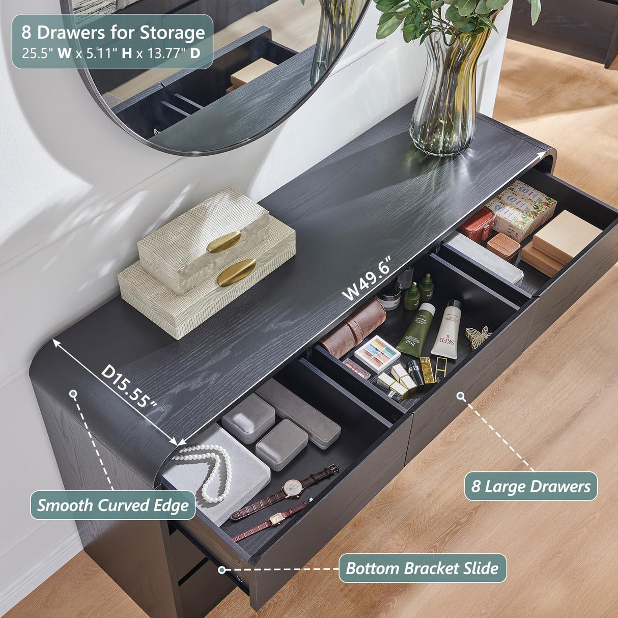 Aitjunz Modern 8 Drawers Dresser for Bedroom, 55" Wide Dressers & Chest of Drawers w/Curved Profile Design, Wood Mid Century Storage Dressers Organizer for Bedroom, Living Room, Black Aitjunz