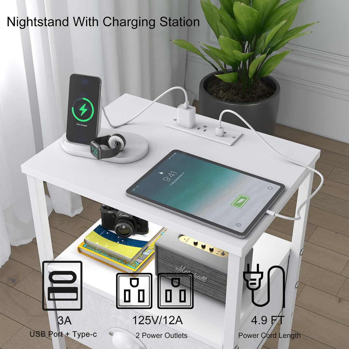 Sthmec Nightstands Set of 2, LED Bedside Tables with Charging Station and Fabric Drawer, Night Stand with Storage, 3 Tier Side Table with Open Shelf, LED Nightstand with Charging Station, White WoodArtSupply