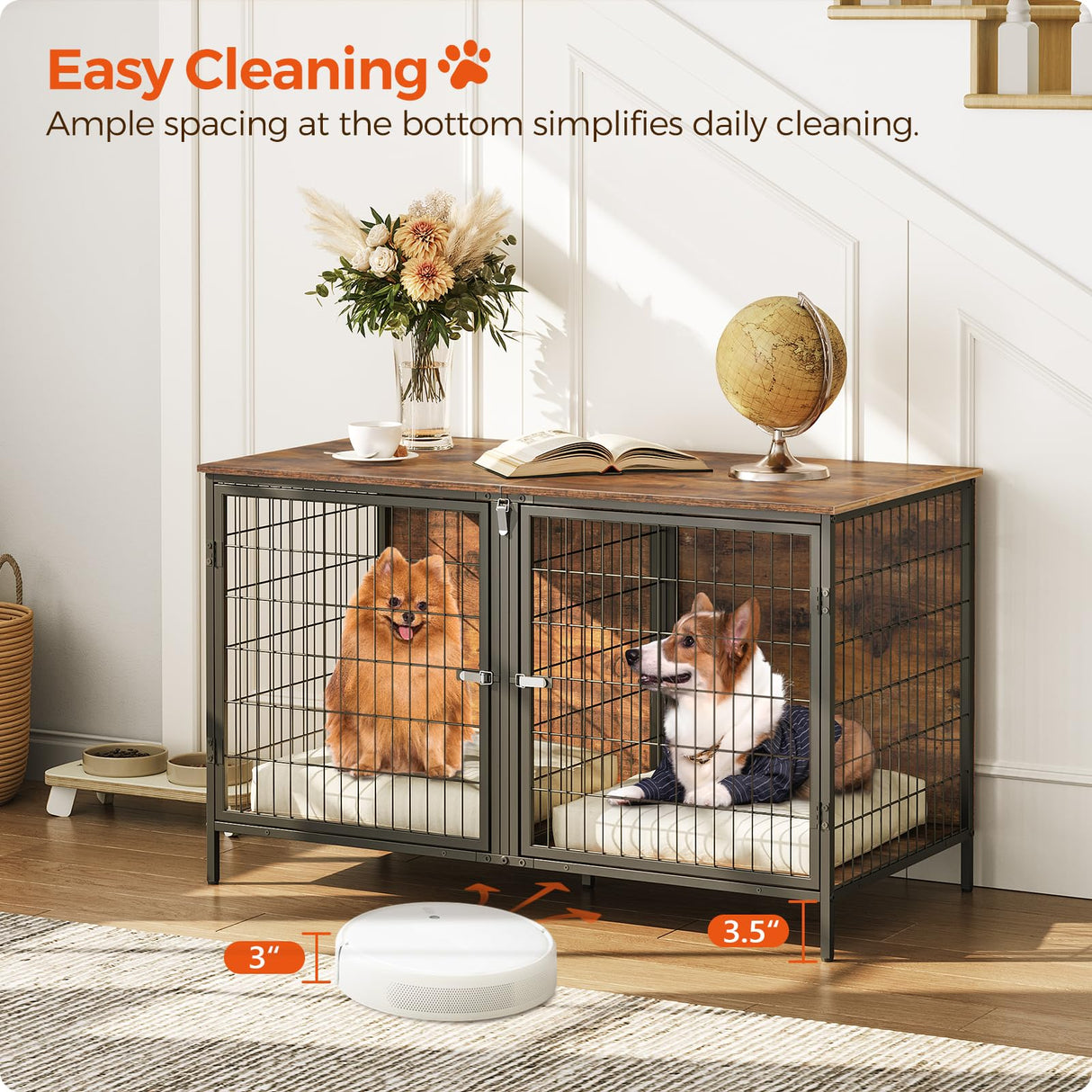 MAHANCRIS Dog Crate Furniture for 2 Dogs, 43.3" Dog Kennel with Removable Divider, Heavy Sturdy Dog Furniture Style Double Cage for Small Medium Dog, Indoor Dog House End Table, Rustic Brown DCHR1201 MAHANCRIS