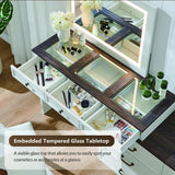 Aitjunz 69" W Big Vanity Desk with Glass Top, Farmhouse Makeup Table with 9 Large Storage Drawers, Rustic Wood Bedroom Dressing Table w/3 Color Available Light & 30" HD Led Mirror,White Aitjunz